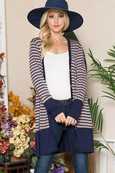 Celeste Striped Button Up Long Sleeve Cardigan Plus Size Fleece Fabric Down Fabric Feather Fabric