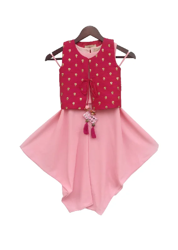 Girls Pink Top And Dhoti With Hot Pink Jacket Chenille Fabric Brocade Fabric Lace Fabric