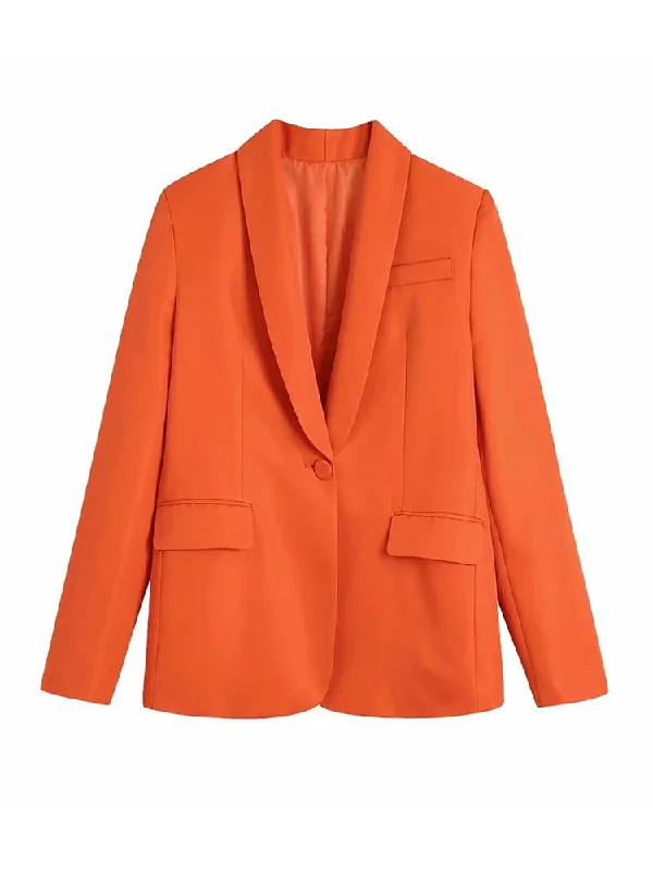 Evfer Office Lady Casual V-Neck Long Sleeve Solid Summer Long Blazers Girls Two Pockets Single Button Orange Slim Jacket Outwear Women's Boutique Suit