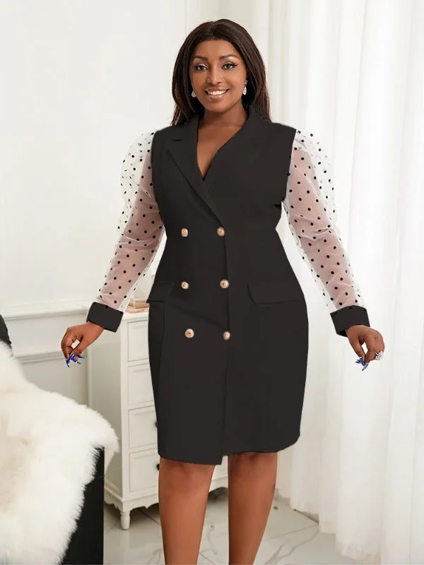 AOMEI Dots Tulle Sleeve Elegant Blazer Dress Mini Women's Trendy Suit