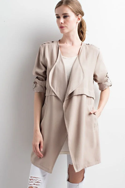 Solid Open Front Trench Coat Welt Pockets Slit Pockets Flap Pockets