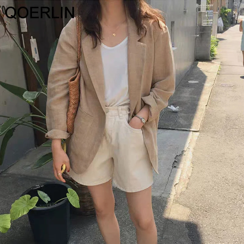 QOERLIN Suit Blazer Thin Cotton Linen Suit Clothing 2023 Spring Fll Korean Retro Loose Casual Suit Jacket Coat Women's Vintage Suit