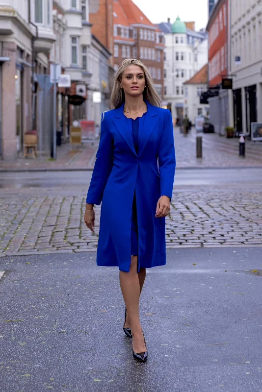 VALENTINA (STRONG) ROYAL BLUE LONG BLAZER JACKET W. DOUBLED COLLAR DETAIL Women's High-End Blazer