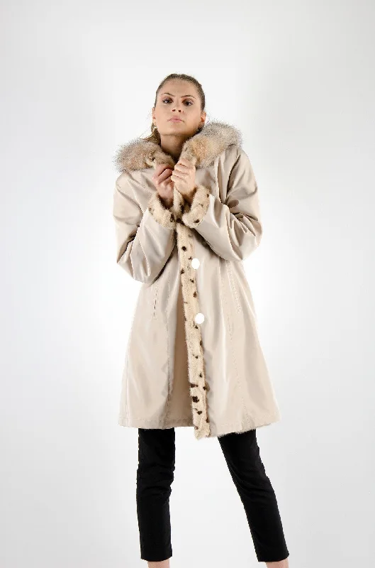 14 | Hooded Mink Fur Reversible Coat Knit Woven Fleece