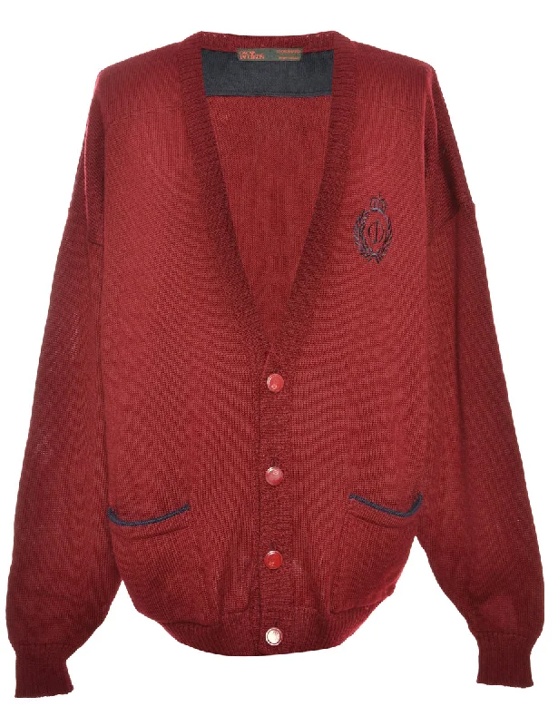 Long Sleeved Maroon Cardigan - L Front Pockets Side Pockets Patch Pockets