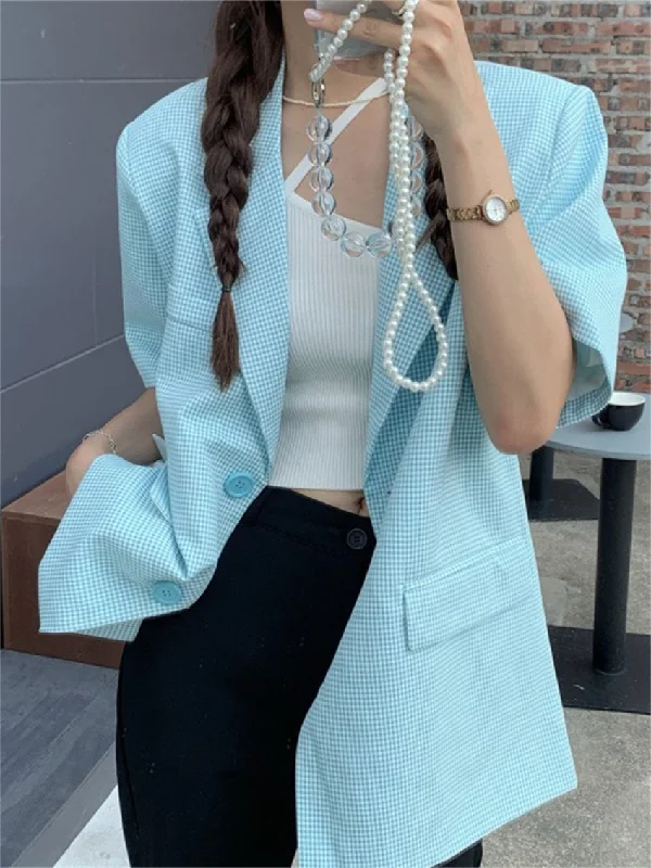 HziriP Blue Plaid Summer Blazers S-M Stylish Short Sleeves Elegant Sweet 2023 Lady OL Casual Comfortable Chic Work Wear Women's High-End Blazer