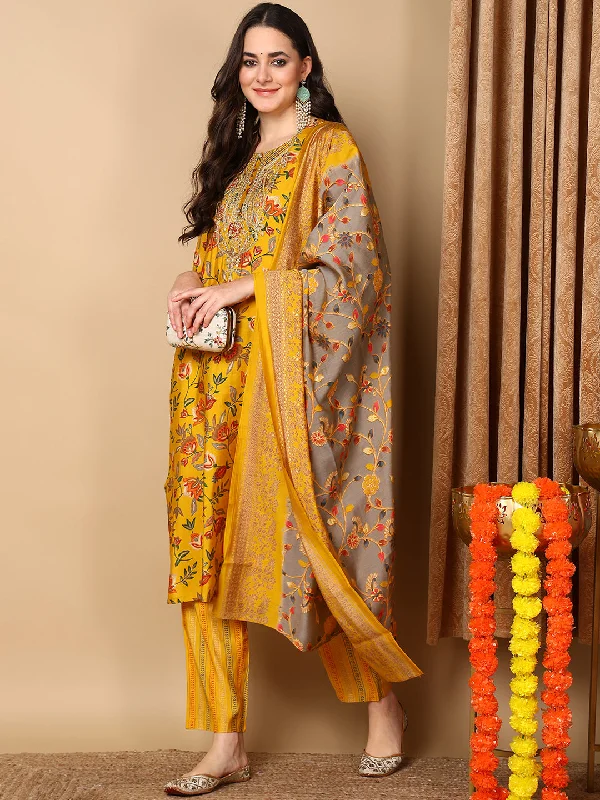 Yellow Silk Blend Floral Printed Straight Kurta Trouser With Dupatta Trousers Satin Smooth