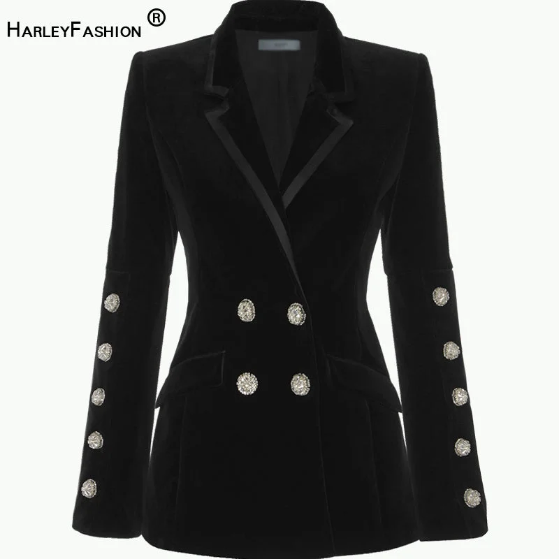 HarleyTrending Fall Winter Notched Exquisite Diamonds Buttons  Black Chic Velvet Blazer Casual Jackets Women's Designer Suit