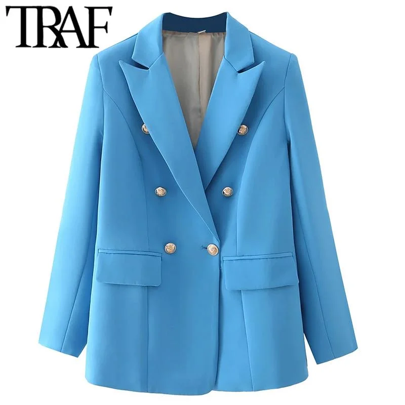 TRAF  Woman 2023 Casual Coat Spring Elegant Office Suit Jacket Ornate Buttons Flap Pockets Long Blue Green Pink Blazers Women's Premium Blazer