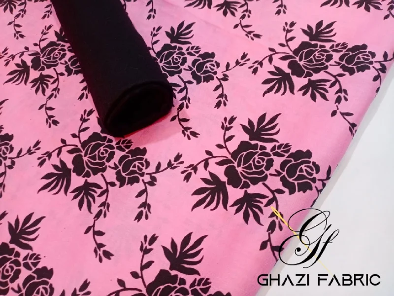 Ghazi fabric, unstitched linen, 2 piece, Gull-E-Maryam Collection, baby pink, black trouser, high-quality, durable, comfortable, breathable, soft, lightweight, perfect for any occasion. Trousers Custom Made