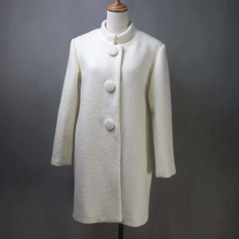 White Wool Loose Fit Long Coat with Stand-Up Collar Quilted Jacket Anorak Windbreaker