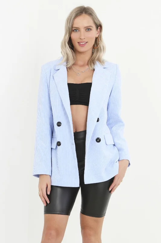 PALE BLUE CORDUROY DOUBLE BREASTED BUTTONED BLAZER Winter Women's Blazer