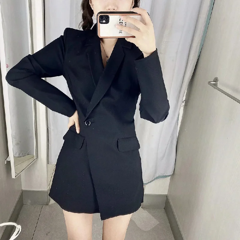 Ladies Chic Single Button Casual Solid Color Blazer Dress Spring And Autumn Elegant Office Long-Sleeved Suit Jacket Women's Elegant Blazer