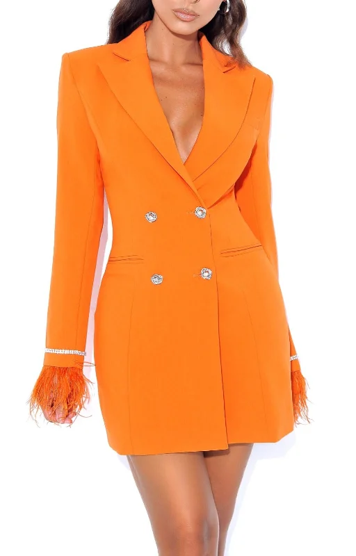 Quilla Orange Feather Crystal Sleeve Backless Blazer Dress Women's Simple Jacket