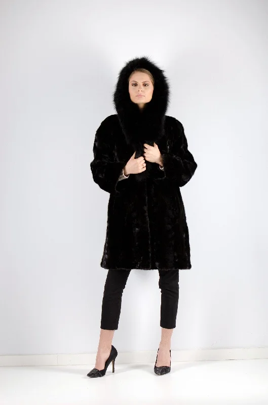 12 | Black Hooded Mink With Fox Fur Trim Coat Faux Fur Real Fur Shearling