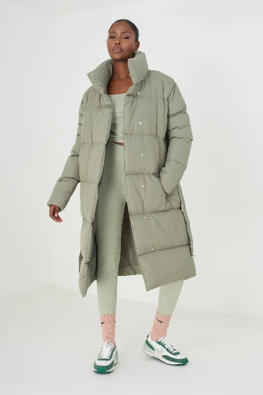 BELTED MAXI PUFFER COAT, KHAKI A-Line Ball Gown Mermaid