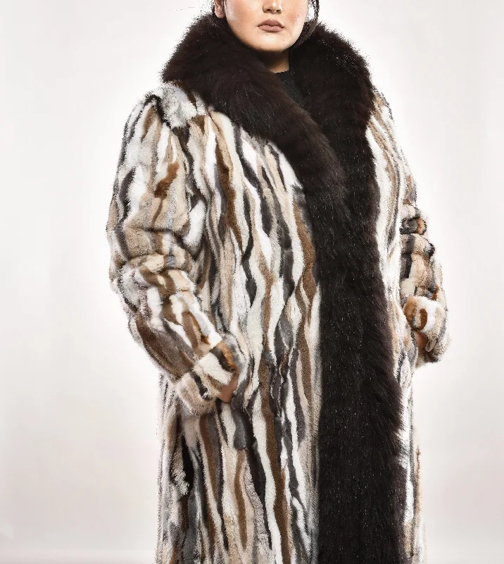 Long Coat Beige Mink with Fox Trim Tie-Waist Belted Drawstring