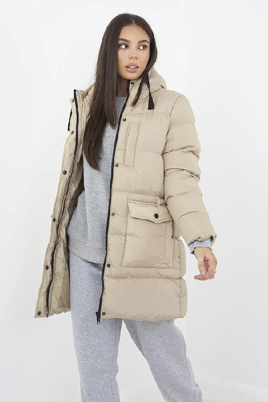 STONE OVERSIZED LONGLINE PADDED HOODED COAT Buttoned Zippered Snapped