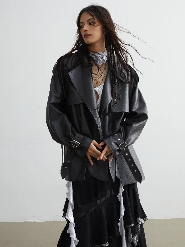 Matte Leather Short Coat With Slit Design Cuffed Rolled Raglan