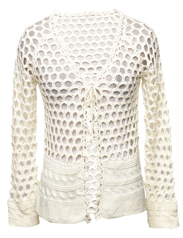 Crochet Off White Cardigan - S Real Fur Shearling Chenille