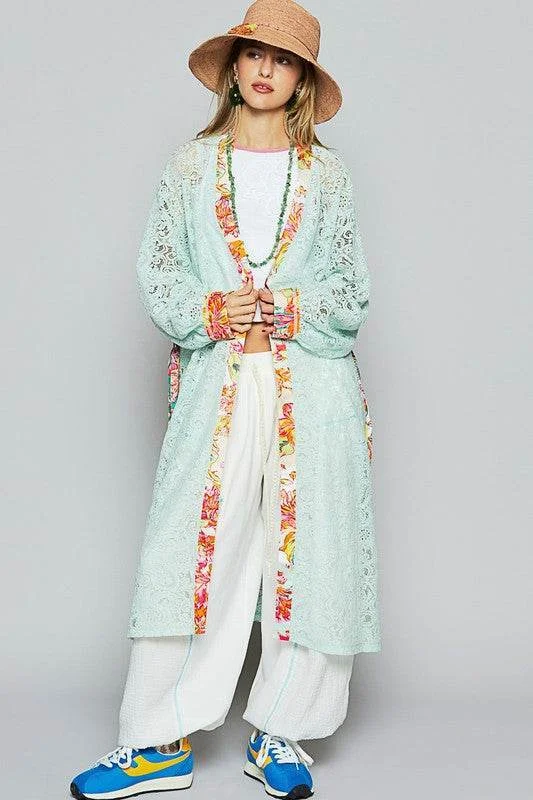 POL Floral Trim Lace Open Front Longline Cardigan in PALE MINT Satin Blend Silk Blend Wool Blend