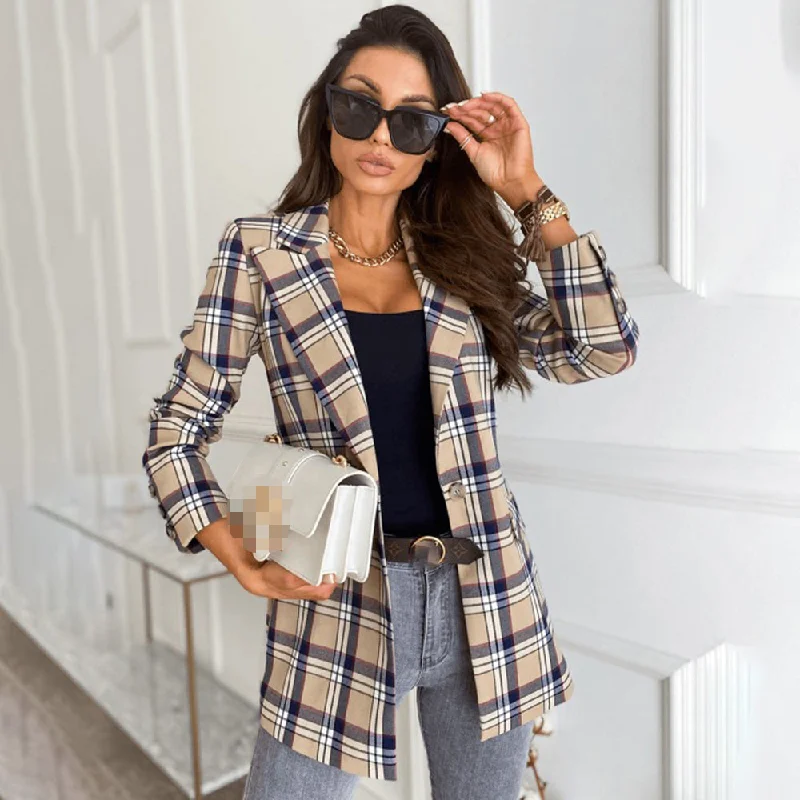 Spring Autumn Notched Collar Plaid Blazers Casual Pockets Long Sleeve Coat Female Outerwear 2023 Korean Loose Jackets Women's Luxurious Jacket