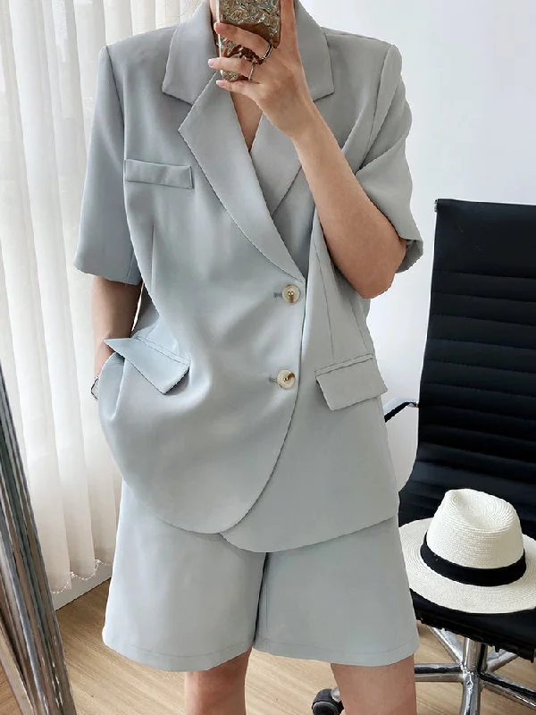 FTLZZ Summer Office Lady Notched Collar Single Breasted Short Sleeve Blazer Elegant Pocket Solid Blazer Casual Loose Blazer Women's Unique Blazer