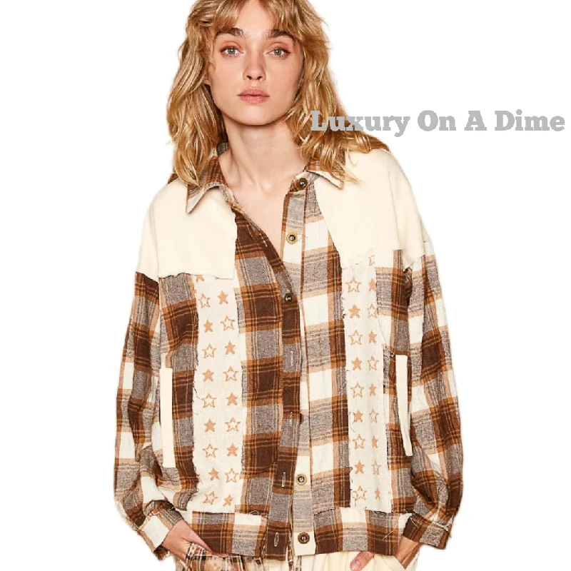 POL Shacket Star Plaid Bohemian Patchwork Exposed Raw Frayed Seam Oversized Jacket Snapped Jacket Toggled Jacket Drawstring Jacket