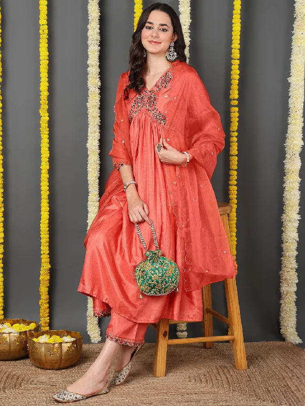 Orange Silk Blend Solid Embroidered Flared Kurta Trouser With Dupatta Trousers Fleece Cozy