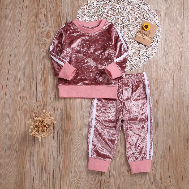 Breathable Clothes Set Cute Fashion O-Neck Long Sleeve Gold Velvet Sweatshirt Trousers Soft Outfits Baby Girls Tracksuit Sets Trousers versatile all-occasion