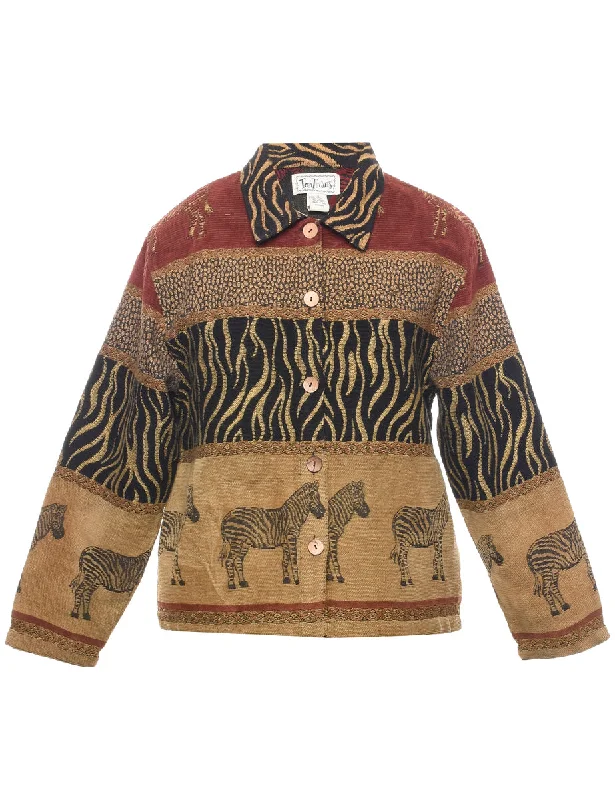 Animal Print Tapestry Jacket - S Zippered Front Buttoned Front Snap Front