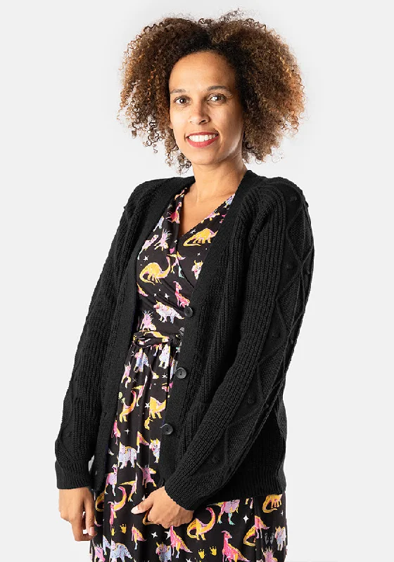 Black Cable Sleeve Cardigan Patchwork Embroidered Appliqued