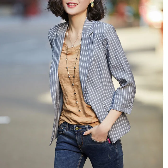 Ladies Blazer Single Button Half Sleeve Casual Jacket Blue Beige Stripe Women's Adventure Blazer