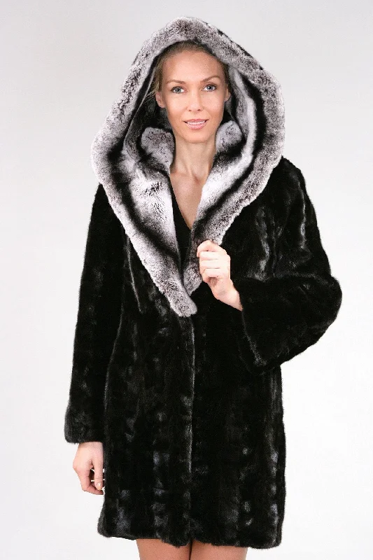 3 | Hooded Black Mink Fur Coat with Chinchilla Rabbit Fur Hood Stand-Up Roll-Neck Turtle