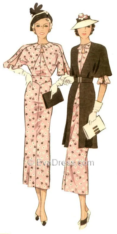 E-PATTERN 1935 Frock & Coat E6490 Striped Polka Dot Floral