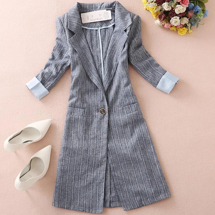 Notch Collar  Pinstripe Blazer 2022 autumn three quarter Sleeve Casual Jacket Tops Elegant Slim small suit Women's Designer Suit