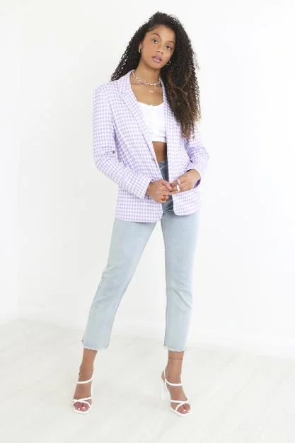 LILAC HOUNDSTOOTH PRINT BUTTON THROUGH BLAZER Summer Women's Jacket