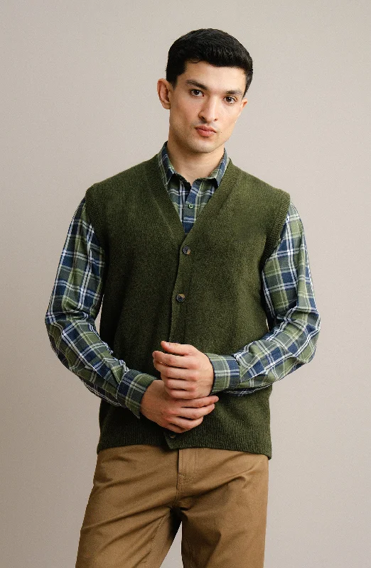 Sleeve-Less Cardigan - Olive Layered Multi-layer Single Layer