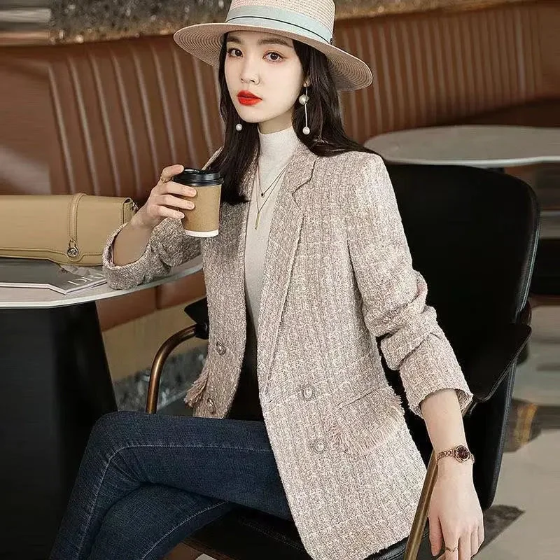 Pink Fragrance Jacket Female Spring And Autumn 2023 Tweed Suit Plaid Casual Blazer Female Blended Wool Coat Ladies Women's Handmade Blazer