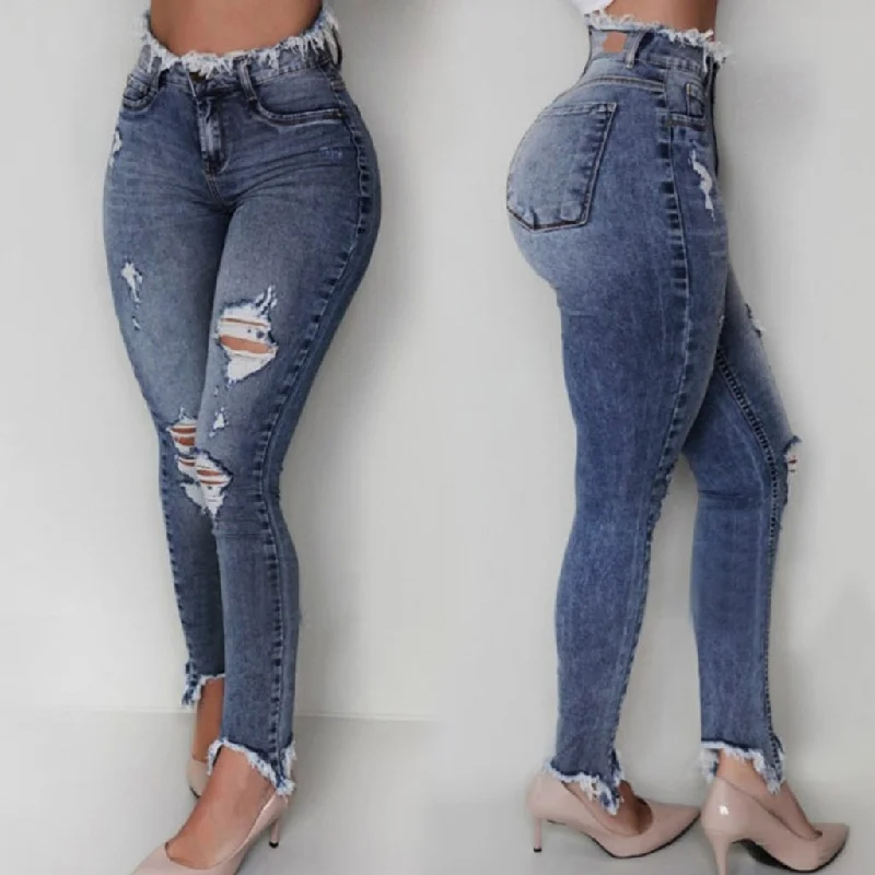 Ladies Jeans Trousers Casual Jeans Slim Fit Female Ripped Fringe Irregular Trousers Jeans Non-stretch Ripped Holes Pants Trousers practical durable