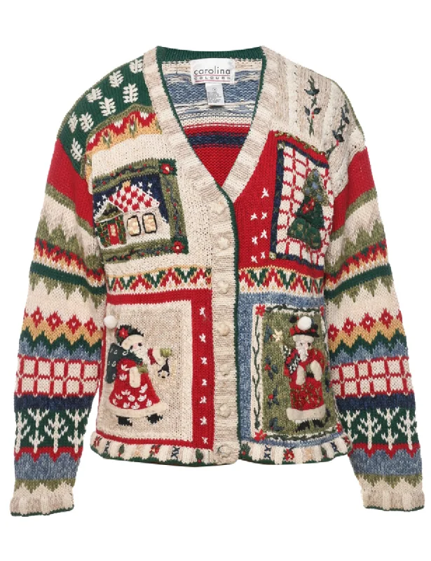 Festive Print Christmas Cardigan - M Striped Floral Plaid