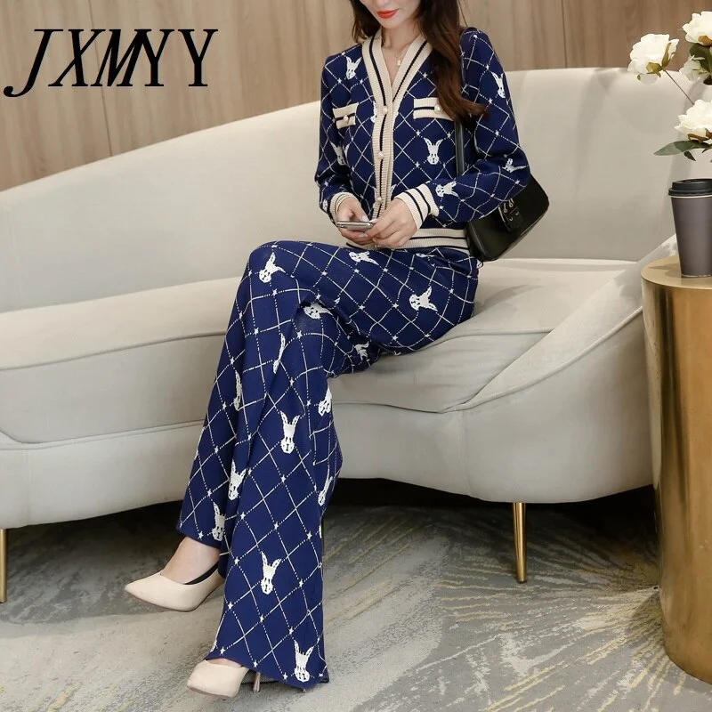 imCharms 2023 Autumn And Winter Ladies Casual Suit Jacket Trousers Two-Piece Knitted Cardigan Trousers Thickened Trousers Seasonal Trendy