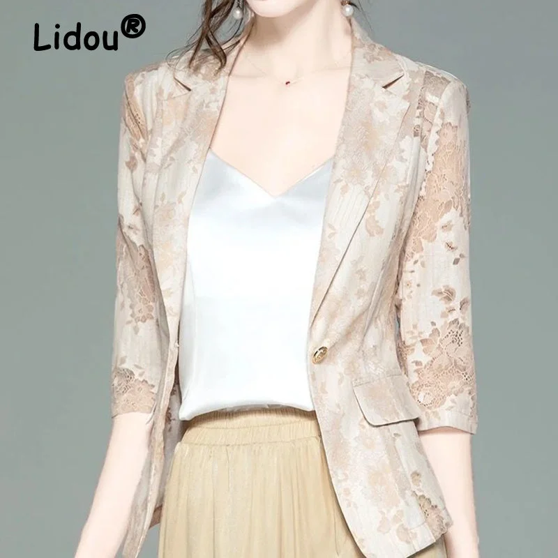 Summer Hollow Out Lace Solid Color Blazer 2023 Korean Style Suit Long Sleeve Single-breasted Casual Blazer for Female Women's Trendy Suit