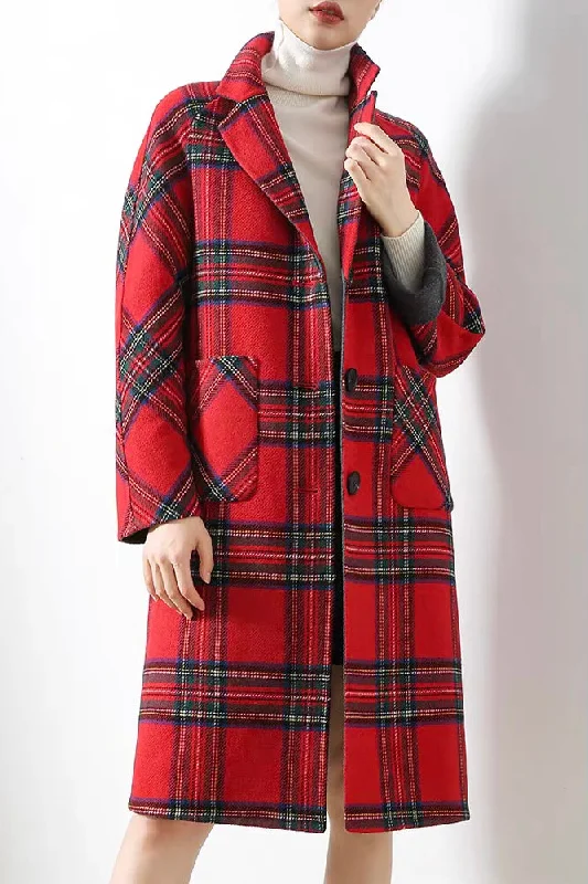 Red Plaid Wool Coat Buttoned Toggled Snapped