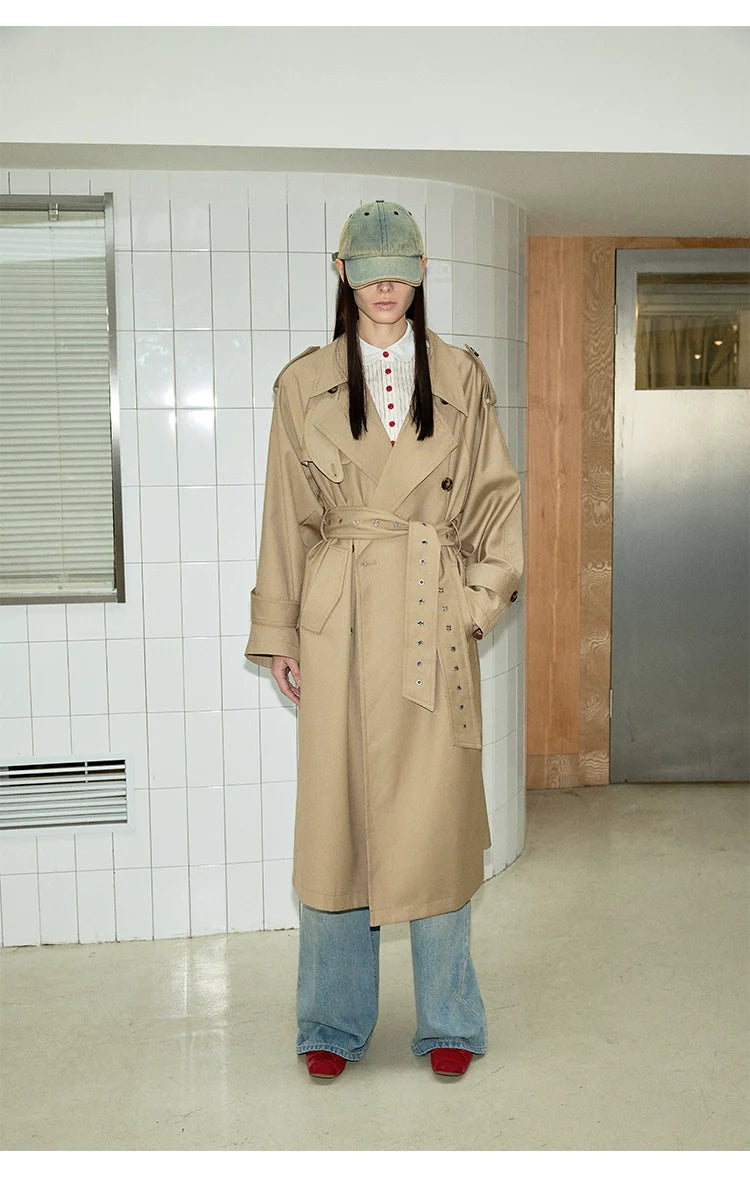 Classic Beige Trench Coat Mesh Canvas Denim