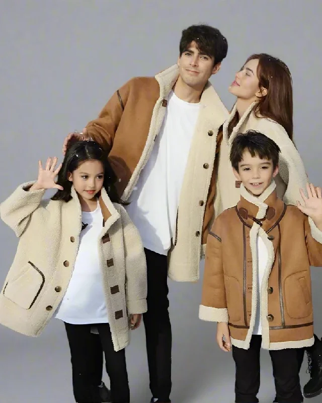 Reversible Faux Suede Mid-Length Coat – Family Matching Outfits for Mom, Daughter, and Siblings empire Basque Peplum