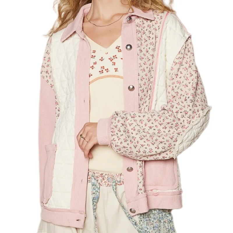 POL Quilted Jacket Patchwork Retro Pink Floral Exposed Seam Patch Pocket Cardigan Appliqued Jacket Beaded Jacket Sequined Jacket