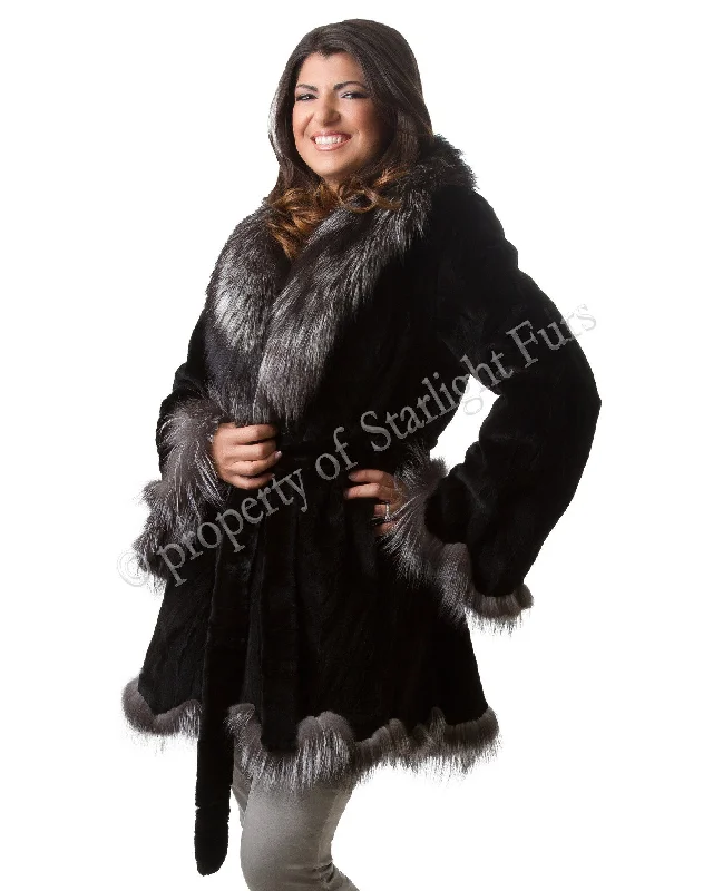 31 | Mink Fur Coat with Silver Fox Fur Trim Mesh Canvas Denim