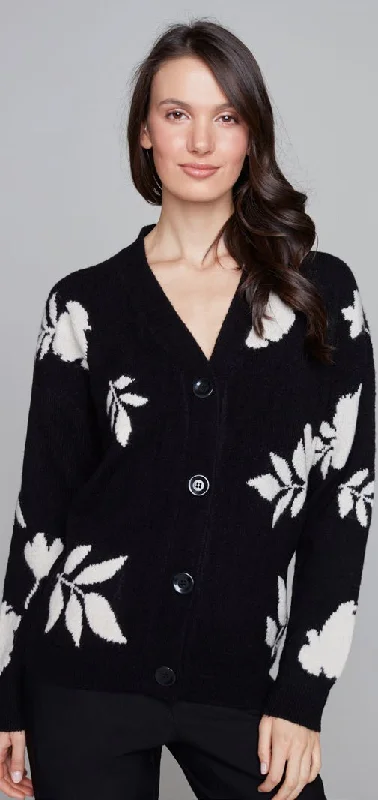 Floral Cardigan - Black Solid Print Embellished