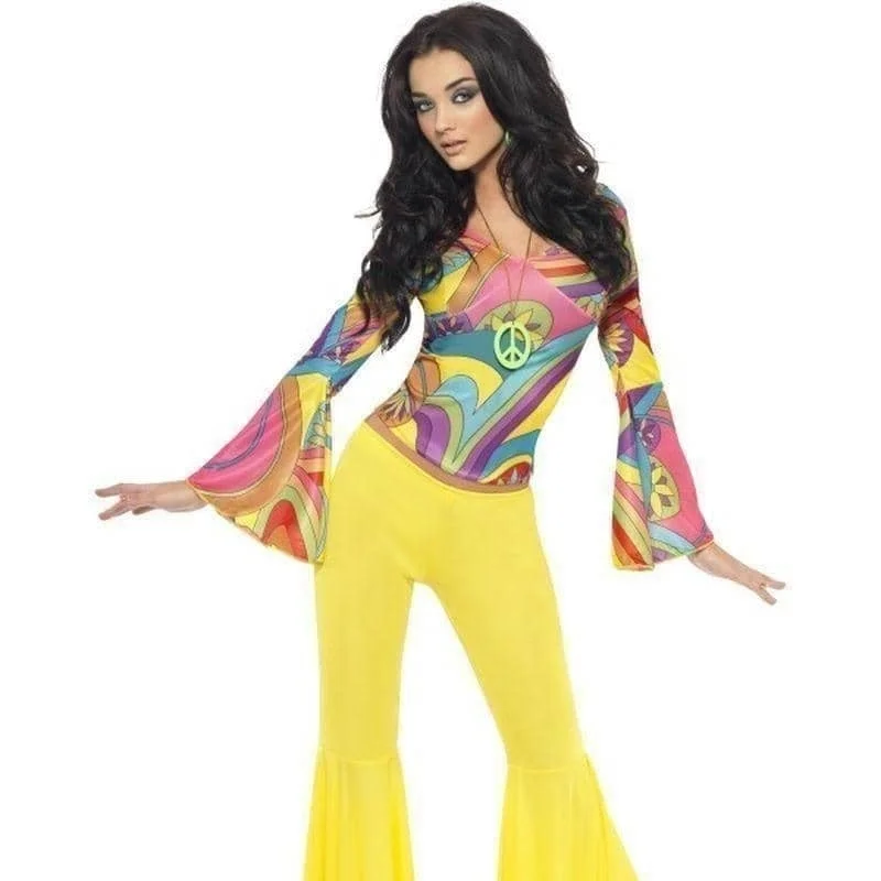 70s Groovy Babe Costume Adult Yellow Flared Trousers Multi Coloured Top Trousers Denim Blue